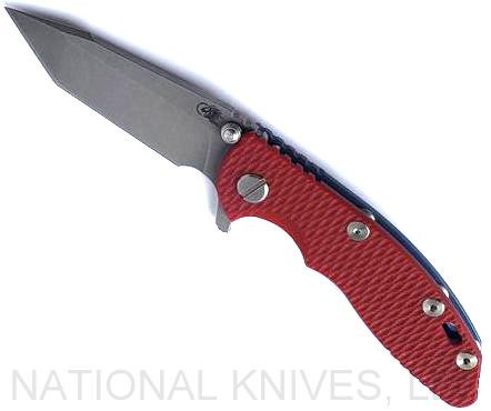 Rick Hinderer Knives XM-18 3.0" Harpoon Tanto folding knife with thumb stud and flipper tab - shown open presentation side.  Working Finish S45VN stainless steel plain edge blade.  Red G-10 handle with Battle Blue lock side.  Model KXM3000HT.