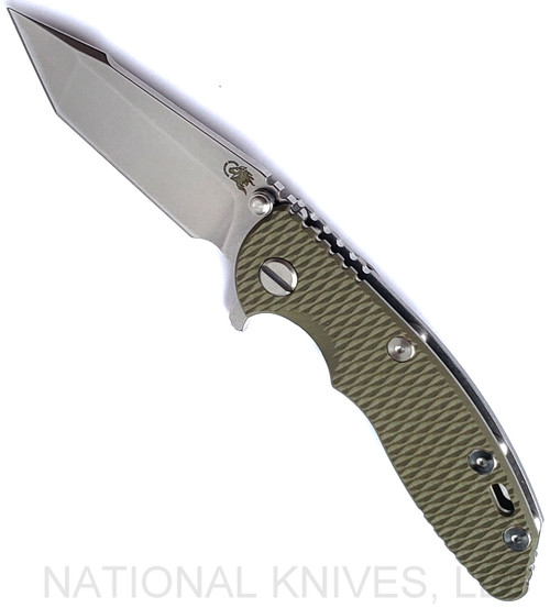 Rick Hinderer Knives XM-18 3.0" Harpoon Tanto folding knife with thumb stud and flipper tab - shown open presentation side.  Stonewash S45VN stainless steel plain edge blade.  OD green G-10 handle with stonewash lock side.  Model KXM3000HT.