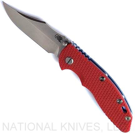 Rick Hinderer Knives Non Flipper XM-18 3.5" Bowie folding knife with thumb stud - shown open presentation side.  Stonewash S45VN stainless steel plain edge blade.  Red G-10 handle with stonewash blue lock side.  Model KXM35NFBOW.