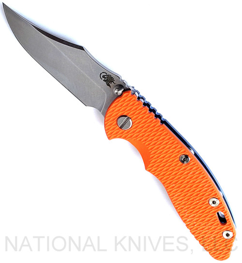 Rick Hinderer Knives Non Flipper XM-18 3.5" Bowie folding knife with thumb stud - shown open presentation side.  Stonewash S45VN stainless steel plain edge blade.  Orange G-10 handle with stonewash blue lock side.  Model KXM35NFBOW.