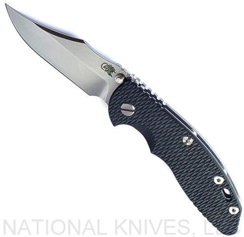 Rick Hinderer Knives Non Flipper XM-18 3.5" Bowie folding knife with thumb stud - shown open presentation side.  Stonewash S45VN stainless steel plain edge blade.  
Black G-10 handle with stonewash lock side.  Model KXM35NFBOW.