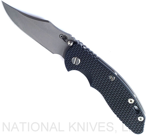 Rick Hinderer Knives Non Flipper XM-18 3.5" Bowie folding knife with thumb stud - shown open presentation side.  Working Finish S45VN stainless steel plain edge blade.  Black G-10 handle with Working Finish lock side.  Model KXM35NFBOW.