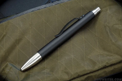 Tuff Writer Analog Press ink pen - shown retracted.  Black aluminum construction.  Model TW-AP-PCBK-AL.