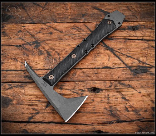 RMJ Tactical Dvalinn tomahawk - shown out of sheath reverse.  Tungsten Cerakote 80CRV2 steel plain edge head.  Black G-10 handle.  Model T-DV-TU-BL.