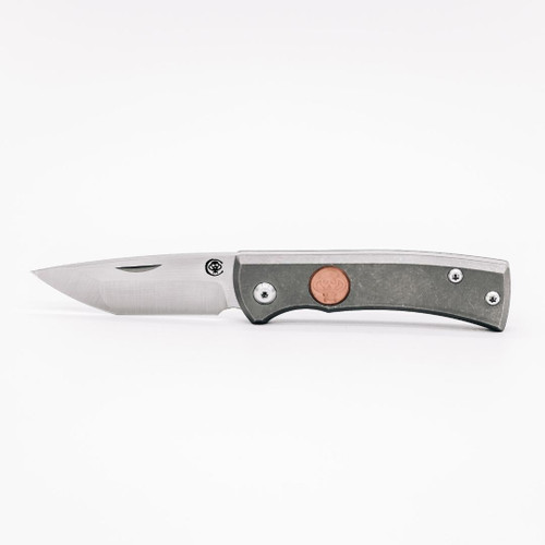 Chaves Knives Redencion Slip Joint folding knife with nail nick - shown open presentation side.  M390 stainless steel plain edge blade.  Stonewash titanium handle.  Model RDC-SJ-SWTI-CI.
