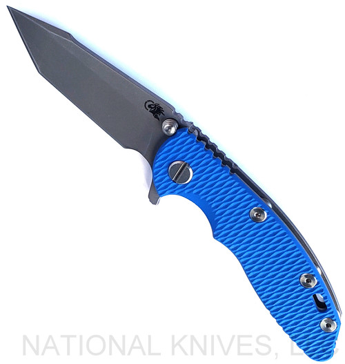 Rick Hinderer Knives XM-18 3.0" Harpoon Tanto folding knife with thumb stud and flipper tab - shown open presentation side.  Working Finish S45VN stainless steel plain edge blade.  Blue G-10 handle with Working Finish lock side.  Model KXM3000HT.