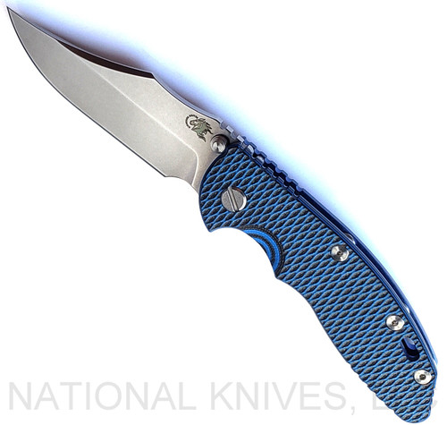 Rick Hinderer Knives Non Flipper XM-18 3.5" Bowie folding knife with thumb stud - shown open presentation side.  Stonewash S45VN stainless steel plain edge blade.  Blue - black G-10 handle with stonewash blue lock side.  Model KXM35NFBOW.