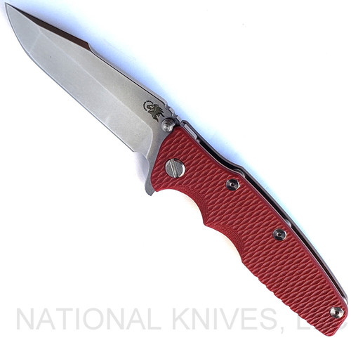 Rick Hinderer Knives Eklipse Harpoon Spanto folding knife with flipper tab and thumb stud - shown open presentation side.  Stonewash S45VN stainless steel plain edge blade.  Red G-10 handle with stonewash bronze lock side.  Model KEK35HSA.