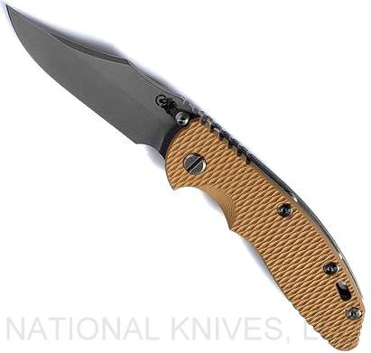 Rick Hinderer Knives Non Flipper XM-18 3.5" Bowie folding knife with thumb stud - shown open presentation side.  Working Finish S45VN stainless steel plain edge blade.  Coyote G-10 handle with Working Finish lock side.  Model KXM35NFBOW.