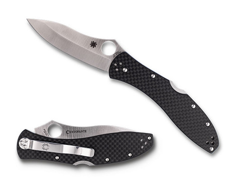 Spyderco Centofante 3 TKD Exclusive folding knife with thumb hole - shown open presentation side and closed pocket clip side.  Satin Cru-Wear steel plain edge blade.  Black carbon fiber handle.  Model C66CFP3.