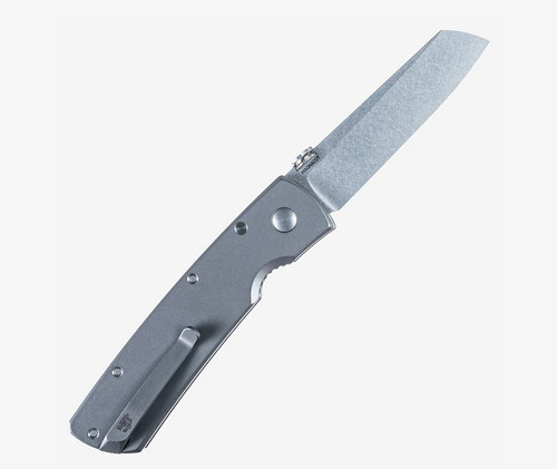 Tactile Knife Co Mariner 2 folding knife with thumb disk - shown open pocket clip side.  Stonewash MagnCut stainless steel plain edge blade. Titanium handle.  Model 20-MAR-MC01-TUTT