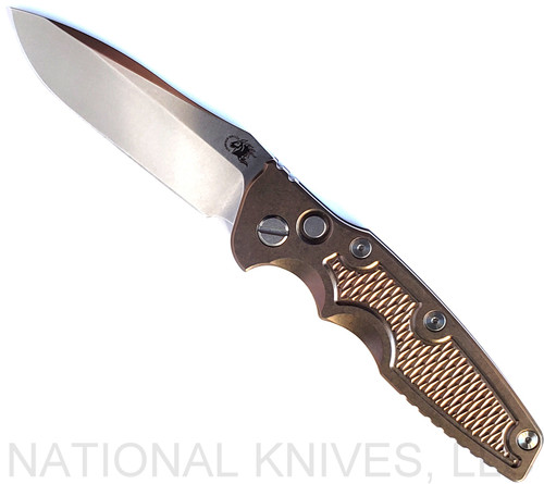 Rick Hinderer Knives Automatic Eklipse Spear Point folding knife with push button - shown open presentation side.  Stonewash S45VN stainless steel plain edge blade.  Stonewash bronze titanium handle.  Model KAEK35SP.