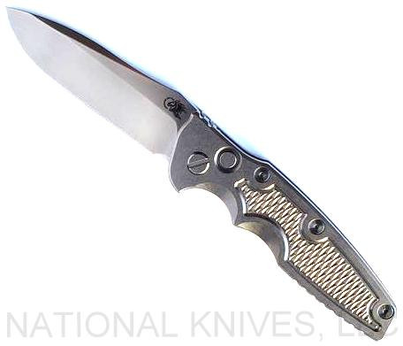 Rick Hinderer Knives Eklipse Spearpoint Automatic with push button - shown open presentation side.  Stonewash S45VN stainless steel plain edge blade.  Stonewash titanium handle.  Model KAEK35SP.
