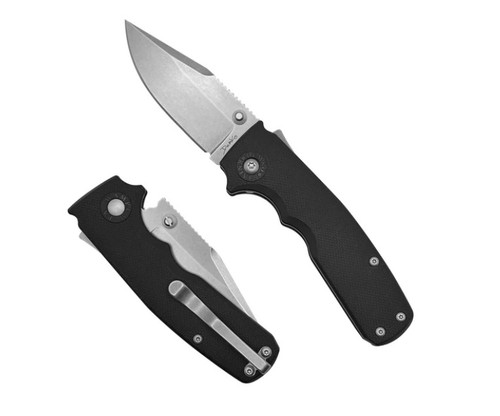 Demko Knives Shark Cub Clip Point folding knife with thumb stud - shown open presentation side and closed pocket clip side..  Stonewash AUS10A stainless steel plain edge blade.  Black GRN handle.