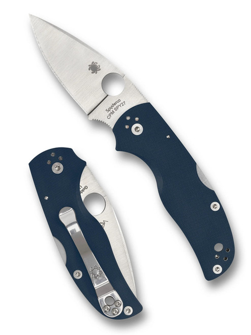 Spyderco Native 5 folding knife with thumb hole - shown open presentation side and closed pocket clip side.  Satin SPY27 stainless steel plain edge blade.  Cobalt Blue G-10 handle.  Model C41GPCBL5.