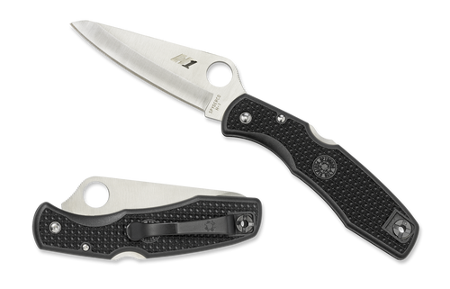 Spyderco Pacific Salt folding knife with thumb hole - shown open presentation side and closed pocket clip side.  Satin H-1 stainless steel plain edge blade.  Black FRN handle.  Model C91PBK.
For reference only.