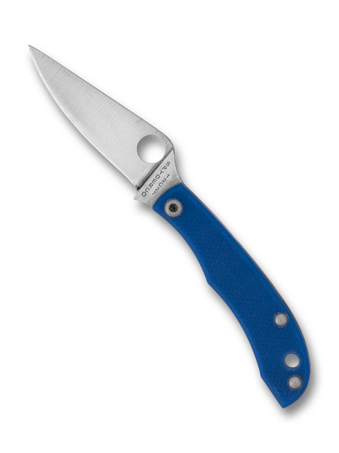 Spyderco Honeybee folding knife with thumb hole - shown open obverse.  Satin 12c27 stainless steel plain edge blade.  Blue G-10 handle.  Model C137GBLP.