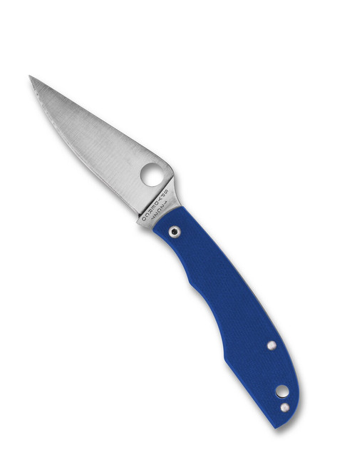 Spyderco Grasshopper folding knife with thumb hole - shown open obverse.  Satin 12c27 stainless steel plain edge blade.  Blue G-10 handle.  Model C137GBLP.
