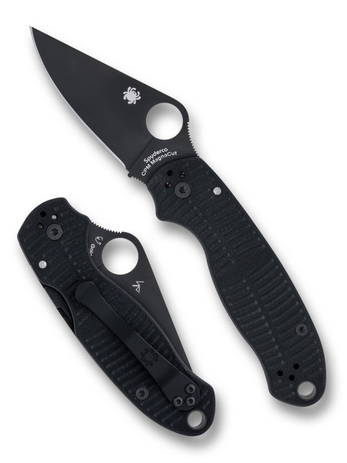 Spyderco Para 3 Salt folding knife with thumb hole - shown open presentation side and closed pocket clip side.  Black MagnaCut stainless steel plain edge blade. Black G-10 handle.  Model C223GMCBKP.