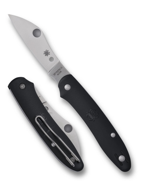 Spyderco Roadie XL Clipjoint folding knife with blade hole and Double Detent - shown open presentation side and closed pocket clip side.  Satin M398 stainless steel plain edge blade. Black FRN handle.  Model C267BKP.