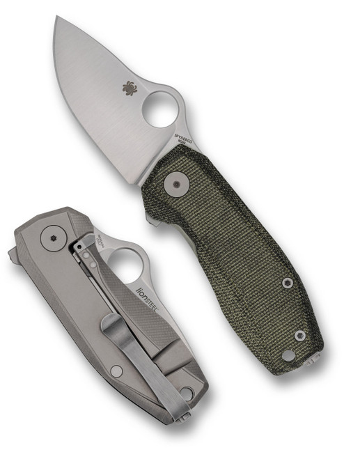 Spyderco SpyNano Flash Batch folding knife with thumb hole and flipper tab - shown open presentation side and closed pocket clip side.  Satin M398 stainless steel plain edge blade.  Green Micarta handle with titanium lock side.  Model C268MTIP.