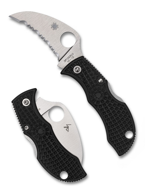 Spyderco Manbug hawkbill folding knife with thumb hole - shown open obverse and closed reverse.  Satin VG-10 stainless steel serrated edge blade.  Black FRN handle.  Model MBKHBS.