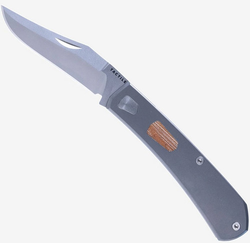 Tactile Knife Co Ranger slip joint folding knife with nail nick - shown open presentation side.  Stonewashed MagnaCut stainless steel plain edge blade.  Titanium handle with Micarta inlay.  Model 20-RAW-MC01-TTDW.