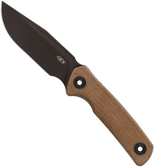 Zero Tolerance 0004 Fixed Blade Knife Logo Side.  Black 4.2" CruWear Steel Plain Edge Blade.  Brown Canvas Micarta Handle.  Model 0004.