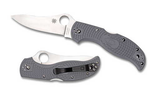 Spyderco Stretch Sprint Run folding knife with thumb hole - shown open presentation side and closed pocket clip side.  Satin Super Blue and 420J1 laminated steel plain edge blade.  Gray FRN handle.  Model C90FPGYE.
For reference only.