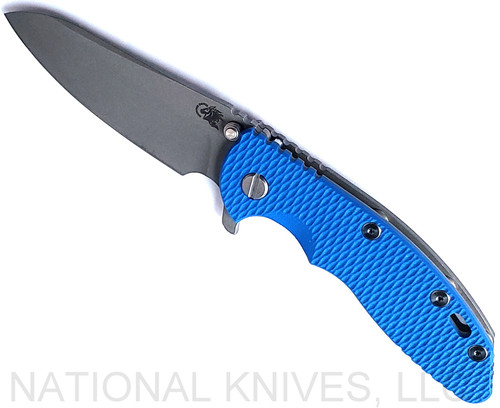 Rick Hinderer Knives XM-18 3.5" Sheepsfoot folding knife with thumb stud and flipper tab - shown open presentation side.  Working Finish S45VN stainless steel plain edge blade.  Blue G-10 handle with Working Finish lock side.  Model KXM35SHF.