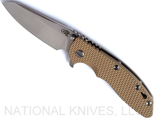 Rick Hinderer Knives XM-18 3.5" Sheepsfoot folding knife with thumb stud and flipper tab - shown open presentation side.  Stonewash S45VN stainless steel plain edge blade.  Coyote G-10 handle with stonewash bronze lock side.  Model KXM35SHF.