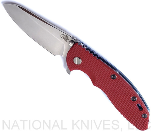 Rick Hinderer Knives XM-18 3.5" Sheepsfoot folding knife with thumb stud and flipper tab - shown open presentation side.  Stonewash S45VN stainless steel plain edge blade.  Red G-10 handle with stonewash blue lock side.  Model KXM35SHF.