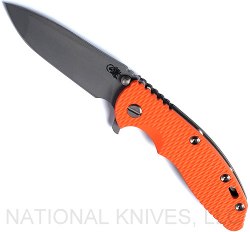 Rick Hinderer Knives XM-18 3.5" Spanto folding knife with thumb stud and flipper tab - shown open presentation side.  Working Finish S45VN stainless steel plain edge blade.  Orange G-10 handle with Battle Bronze lock side.  Model KXM35SPA.