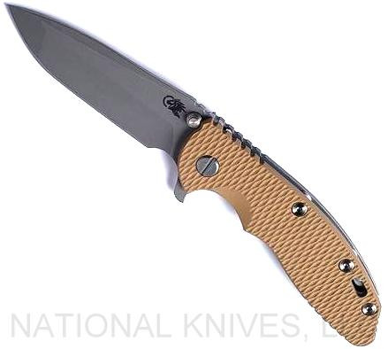 Rick Hinderer Knives XM-18 3.5" Spanto folding knife with thumb stud and flipper tab - shown open presentation side.  Working Finish S45VN stainless steel plain edge blade.  Coyote G-10 handle with Working Finish lock side.  Model KXM35SPA.
