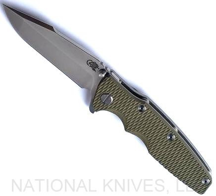 Rick Hinderer Knives Eklipse Harpoon Spanto folding knife with flipper tab and thumb stud - shown open presentation side.  Stonewash S45VN stainless steel plain edge blade.  OD green G-10 handle with stonewash lock side.  Model KEK35HSA.