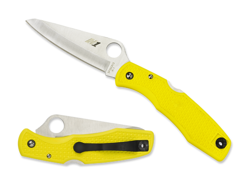 Spyderco Pacific Salt folding knife with thumb hole - shown open presentation side and closed pocket clip side.  Satin H-1 stainless steel plain edge blade.  Yellow FRN handle.  Model C91PYL.
For reference only.