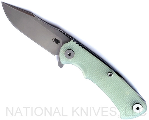 Rick Hinderer Knives Project X Clip Point folding knife with flipper tab - shown open presentation side.  Stonewash S45VN stainless steel plain edge blade.  Translucent Green G-10 handle with stonewash blue lock side.  Model KPXSPE.