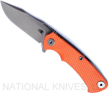 Rick Hinderer Knives Project X Clip Point folding knife with flipper tab - shown open presentation side.  Stonewash S45VN stainless steel plain edge blade.  Orange G-10 handle with stonewash blue lock side.  Model KPXSPE.