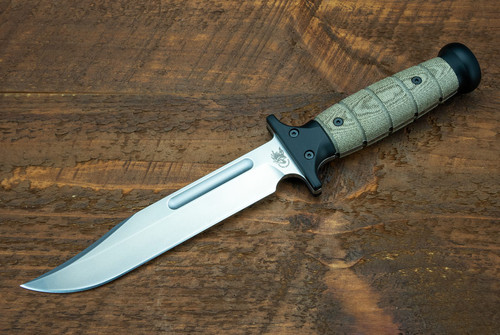 Rick Hinderer Knives KaBar Clip Point fixed blade knife - shown out of sheath reverse.  Stonewash 3V steel plain edge blade.  OD green Micarta handle.  Model KKBAR3V.