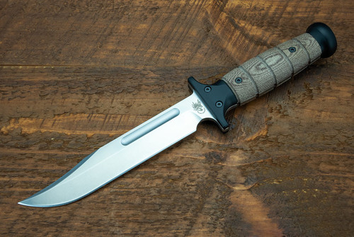 Rick Hinderer Knives KaBar Clip Point fixed blade knife - shown out of sheath reverse.  Stonewash 3V steel plain edge blade.  Brown Micarta handle.  Model KKBAR3V.