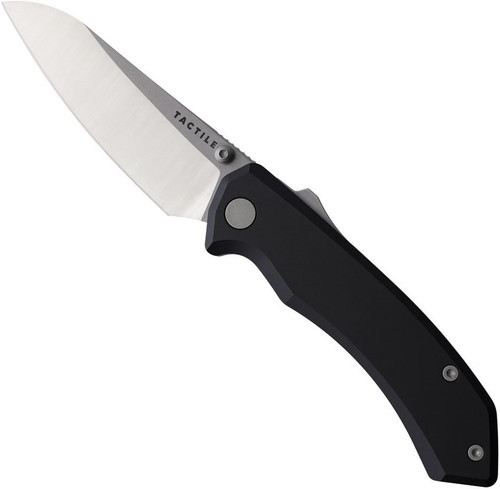 Tactile Knife Co Chupacabra folding knife with flipper tab - shown logo side.  Satin MagnaCut stainless steel plain edge blade.  Black aluminum handle.  Model 20-CP-MC02-ALAB