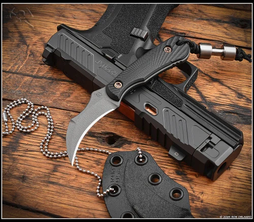 RMJ Tactical Gym Rat fixed blade knife - shown out of sheath obverse.  Tungsten Cerakote Nitro-V stainless steel plain edge blade.  Black G- 10 handle.  Model K-GR-TU-BK.