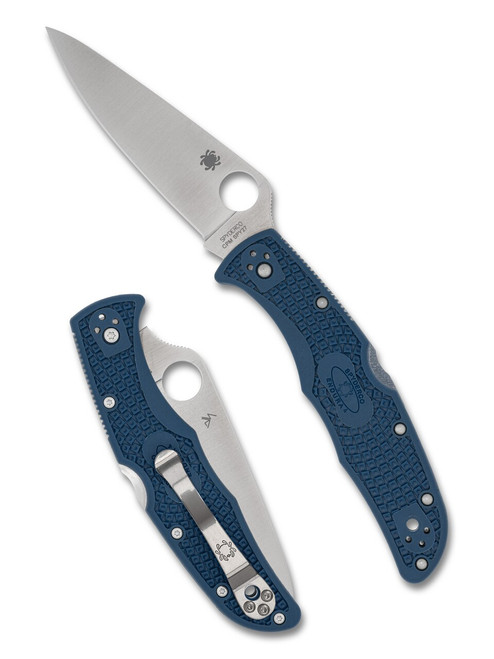 Spyderco Endura 4 folding knife with thumb hole - shown open presentation side and closed pocket clip side.  Satin SPY27 stainless steel plain edge blade.  Blue FRN handle.  Model C10PCBL.