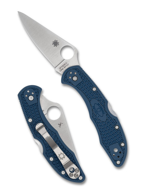 Spyderco Delica 4 folding knife with thumb hole - shown open presentation side and closed pocket clip side.  Satin SPY27 stainless steel plain edge blade.  Blue FRN handle.  Model C11PCBL.