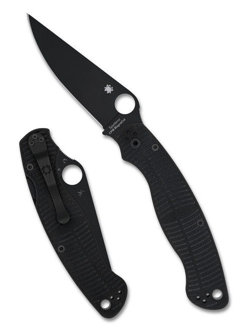 Spyderco Military 2 Salt folding knife with thumb hole - shown open presentation side and closed pocket clip side.  Black MagnaCut stainless steel plain edge blade.  Black G-10 handle.  Model C36GMCBKP2.