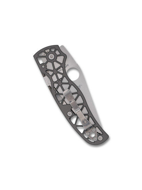 Spyderco Edgerati folding knife with thumb hole - shown closed pocket clip side.  Satin S30V stainless steel serrated edge blade. Aluminum handle.  Model C266ALS.