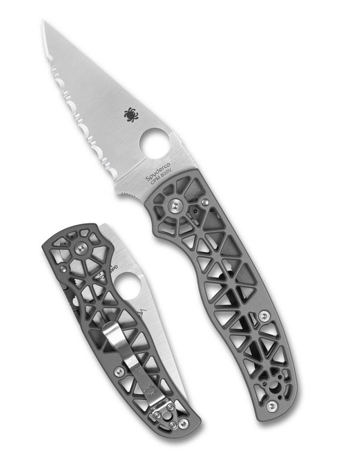Spyderco Edgerati folding knife with thumb hole - shown open presentation side and closed pocket clip side.  Satin S30V stainless steel serrated edge blade. Aluminum handle.  Model C266ALS.