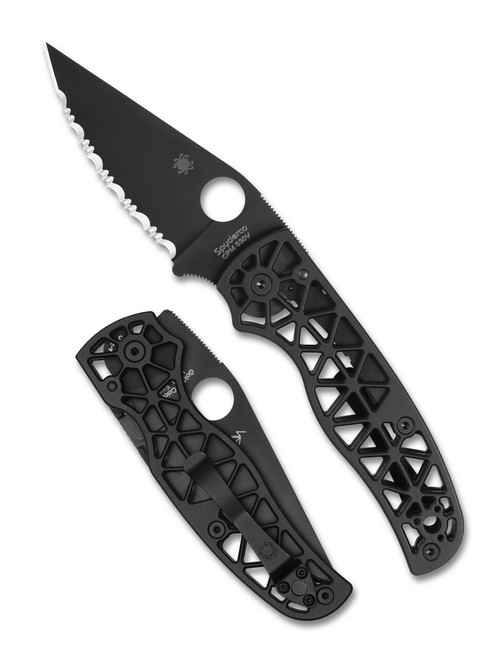 Spyderco Edgerati folding knife with thumb hole - shown open presentation side and closed pocket clip side.  Black S30V stainless steel serrated edge blade. Black aluminum handle.  Model C266BKALBKS.