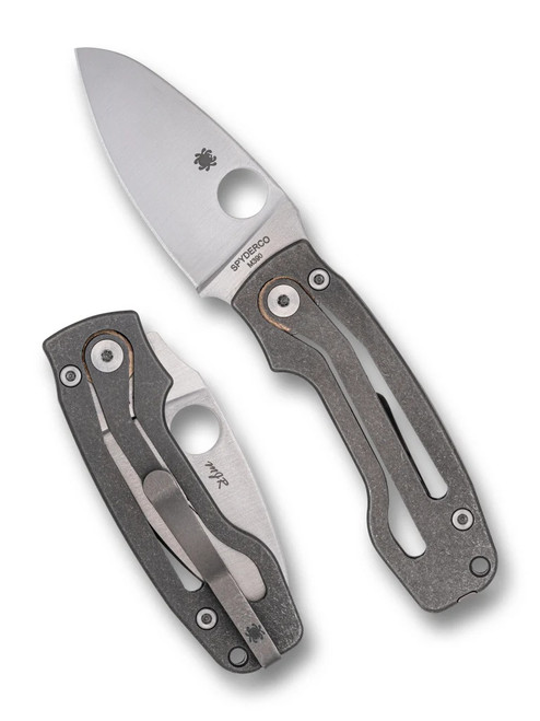 Spyderco PITS 2 folding knife with thumb hole - shown open presentation side and closed pocket clip side.  Satin M390 stainless steel plain edge blade.  Titanium handle.  Model C269TIP.