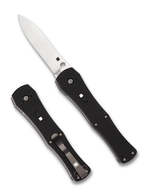 Spyderco Janisong restricted knife - shown open presentation side and closed pocket clip side.  Satin S30V stainless steel plain edge blade.  Black G-10 handle with button lock.  
Model C191GP